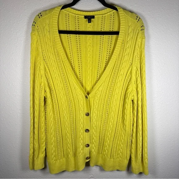 Talbots Plus Size 2X Women Neon Yellow Cardigan Open Knit Spring 100% Cotton - Picture 1 of 7